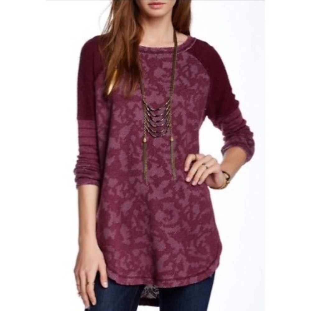 Free People Pink Distressed Floral Knit Side Zip Tunic Sweater Jumper